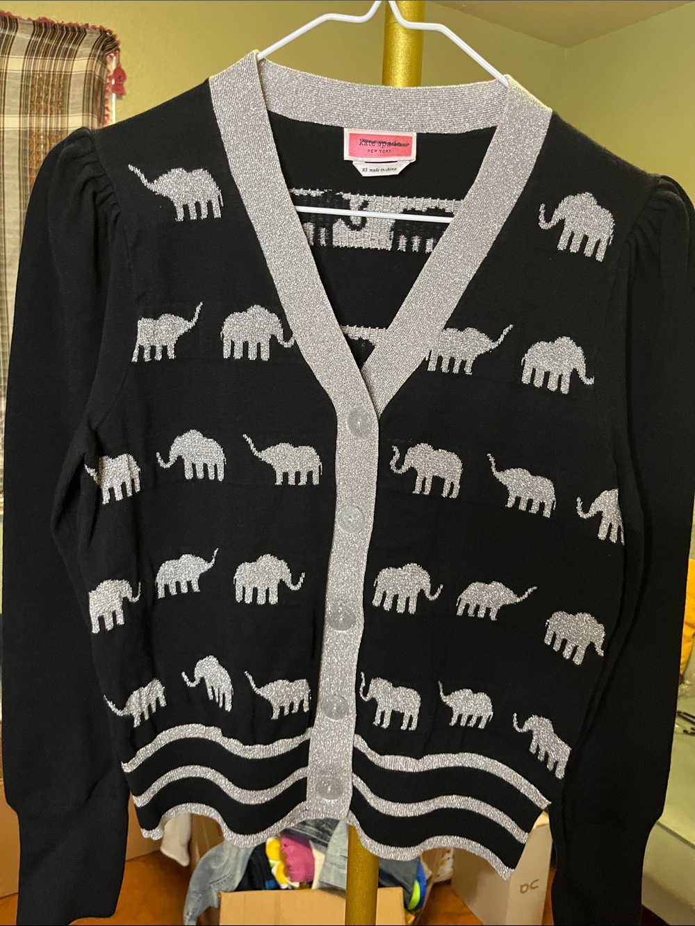 NEW kate spade Black Cardigan with Silver Elephant Motif Womens Sz XS
